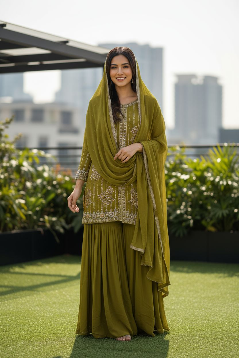 Olive Green Embroidered Georgette Sharara Suit