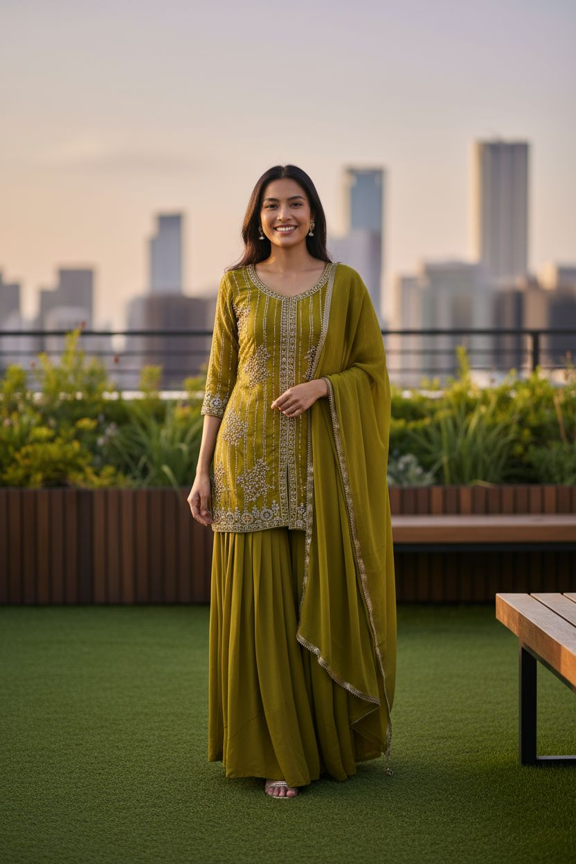 Olive Green Embroidered Georgette Sharara Suit