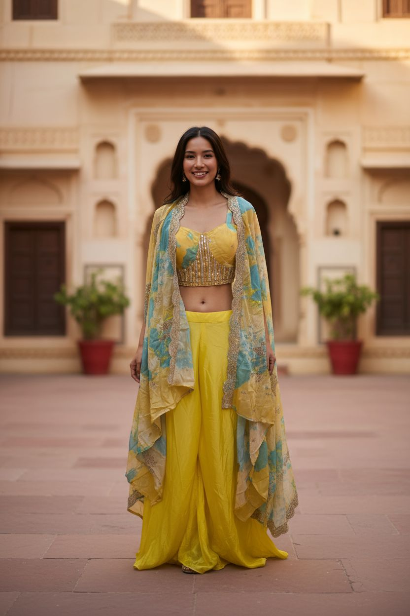 Embroidered Crop Top with Palazzo & Jacket